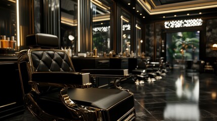 A luxurious barber chair, upholstered in black quilted leather with gold accents, sits prominently in a high-end salon with dark marble floors, gold-trimmed mirrors