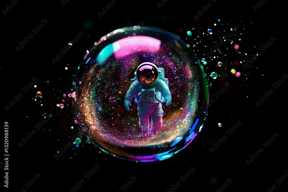 Wall mural astronaut in floating colorful cosmic bubble with rainbow particles on black background.