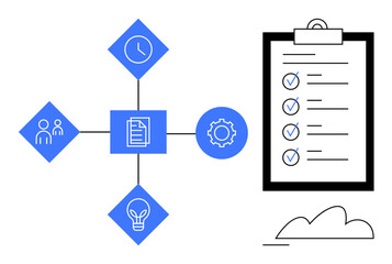 Connected icons of team, clock, document, gear, and idea around workflow. Clipboard checklist included. Ideal for teamwork, planning organization productivity goals strategy success. Flat simple
