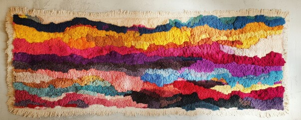 Colorful abstract wool rug with vibrant patterns on display