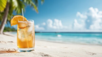 A vibrant glass of tropical iced tea rests on the sandy beach with clear blue waters and a bright sky, evoking a sense of relaxation and summer bliss.
