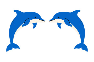 Flat vector illustration of two dolphins, ocean creatures, marine life, isolated on white background