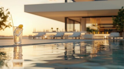 Fototapeta premium Luxury Summer Cocktail by Poolside Bar – Fresh Ingredients, Modern Aesthetic, High-End Poolside Atmosphere. Selective Focus