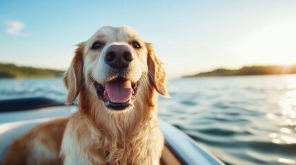 A cheerful golden retriever enjoys a sunny day on a boat, radiating happiness and companionship, embodying the joys of summer and the bond between pets and humans.