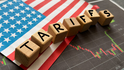 Container tariffs word on Flag of the United States of America background. Tariff US trade war with...
