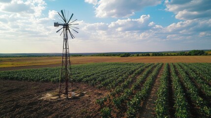 Vintage Windmill Stands Tall Amidst Vibrant Green Crops and Rural Fields