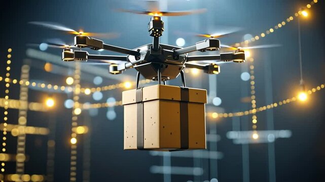 Drone Carrying Package Flies Through Futuristic Cityscape Illuminated by Glowing Lights, Showcasing Modern Delivery Technology and Innovation in Transportation