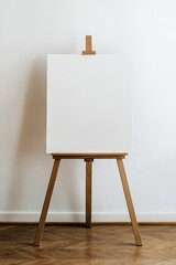 Blank canvas on an easel against a white wall