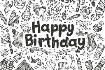 Black and white birthday card illustration with festive doodles and patterns.