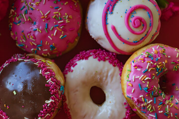Glazed and decorated donuts in a box, showcasing a variety of flavors and toppings, with vibrant icing colors, set on a wooden table, perfect for a sweet treat or dessert