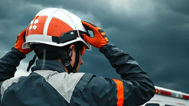 1_Paramedic Taking a Breath Outside Ambulance Under Stormy Sky