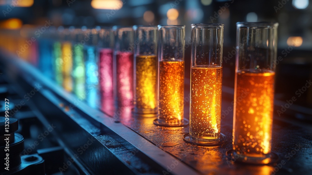 Poster glass test tubes filled with vibrant liquids display the stages of chemical synthesis in a busy petr