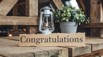 Congratulations Rustic Decor: A heartwarming message on a wooden table with a lantern and plant.