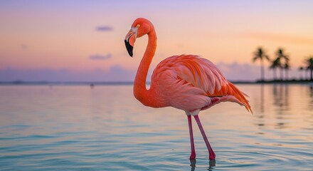 Fototapeta premium Flamingo Standing in Tranquil Water at Colorful Sunset in Aruba