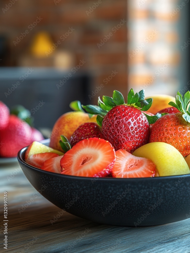 Aufkleber Fresh fruit bowl with strawberries and apples arranged in a rustic kitchen setting