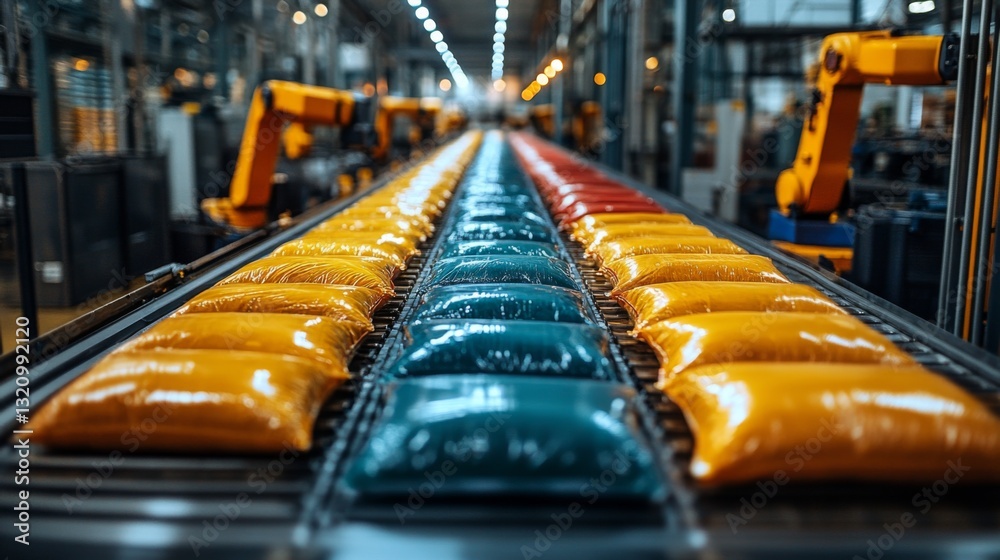 Aufkleber robotic arms efficiently package colored sacks of material on a conveyor system in a modern petroche