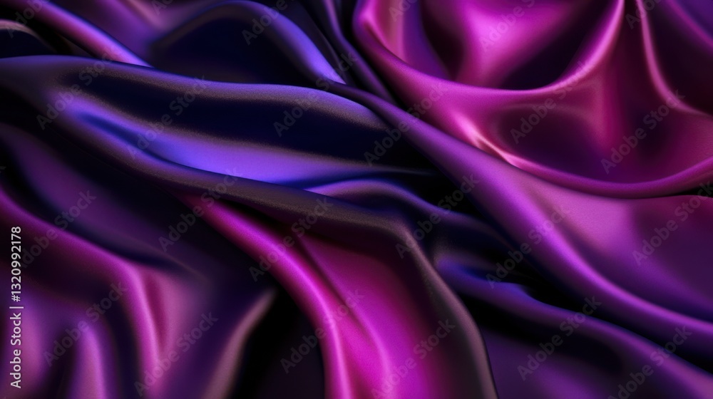 Poster luxurious satin-like fabric in rich violet and fuchsia tones, gracefully draped with smooth folds an