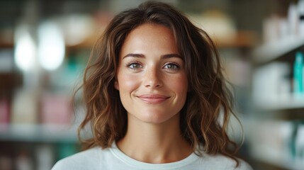 A charming young woman with a gentle smile is seen in a beauty store, radiating comfort and warmth, reflecting contemporary youth culture and the importance of self-care and beauty.