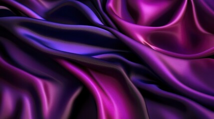 luxurious satin-like fabric in rich violet and fuchsia tones, gracefully draped with smooth folds and reflective surfaces, dark background, artistic and modern design, concept of interior design