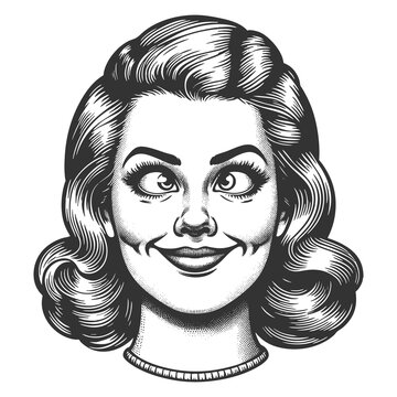 recommend clip art: cheerful woman with crossed eyes, retro curls and playful, exaggerated smile, exuding charm sketch engraving generative ai fictional character raster illustration. Scratch board. Black and white image