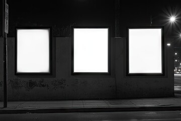 Empty outdoor advertising panels at night