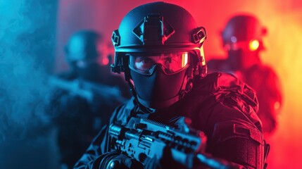 Fototapeta premium Tactical SWAT team members in full gear prepare for a high-stakes mission with advanced weaponry under dramatic lighting in a tense atmosphere