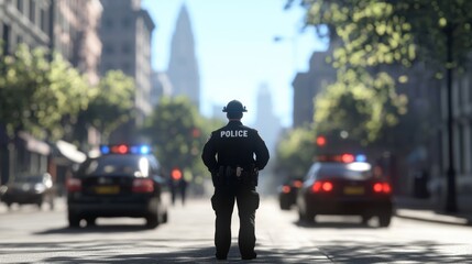 Police Officer Standing in Urban Street with Police Cars and Emergency Lights on a Bright Day in a Bustling Cityscape Setting