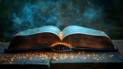 Open aged book with shimmering lights hovering above on a wooden surface