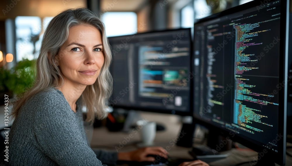 Poster confident female programmer coding on dual monitors, developing software in modern office