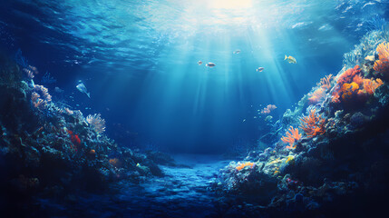 Fototapeta premium Underwater scene showcasing vibrant coral reefs and fish illuminated by sun rays from the surface