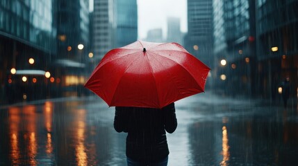 A stunning image of a person holding a bright red umbrella in a rainy urban setting, accentuated by reflections on wet pavement that evoke feelings of solitude and resilience.