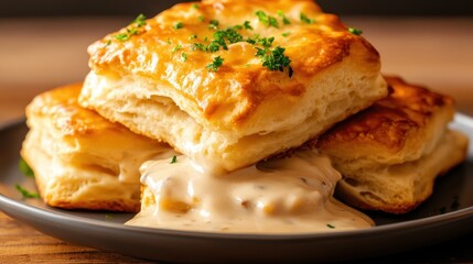 An appetizing image featuring fluffy, golden biscuits served with a generous portion of creamy sauce, promising a delightful experience for any food lover.
