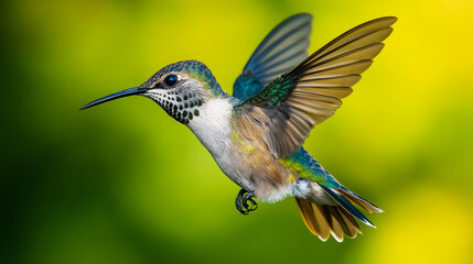 Fototapeta premium A hovering hummingbird, frozen midair against a blured green background
