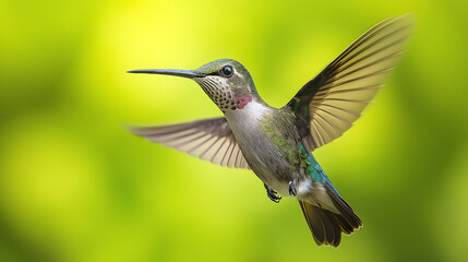 Fototapeta premium A hovering hummingbird, frozen midair against a blured green background