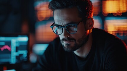 Thoughtful Man with Glasses Focusing on Data Analysis in a Dimly Lit Environment