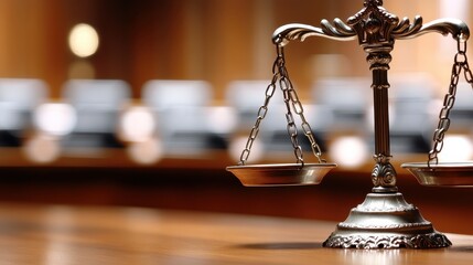 Elegant brass scales of justice sit in a beautifully arranged courtroom, symbolizing the principles of fairness, law, and equity in a professional yet artistic setting.