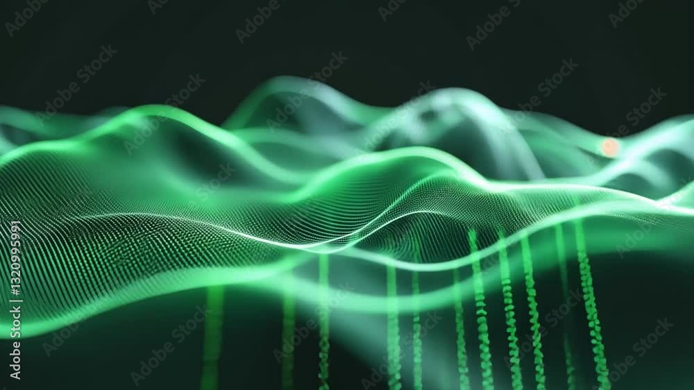 Poster digital landscape of flowing green waves and dots creates futuristic and dynamic visual effect, rese