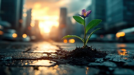 A vivid flower is thriving on the city streetside, embodying the spirit of resilience and growth amidst urbanity, showcasing beauty in unexpected places.
