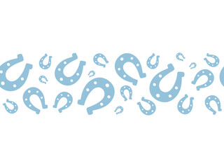 Lucky glamor horseshoe. Blue silhouette. Seamless single horizontal border. Endless vector pattern. Isolated colorless background. Symbol of good luck. Continuous ornament. Flat style. Abstract image.