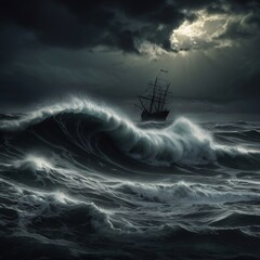Obraz premium A Lone Sailing Ship Battles A Ferocious Storm At Sea Under A Brooding, Moonlit Sky, Waves Crashing Dramatically Around It