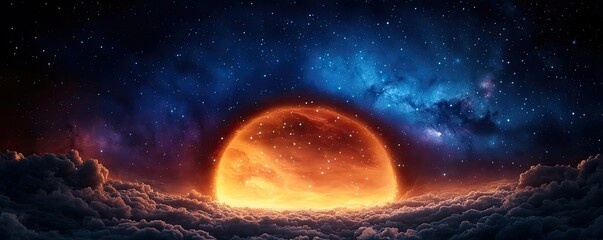 Obraz premium Dark sky idea. A stunning cosmic scene featuring a glowing orange sun rising above dark clouds.