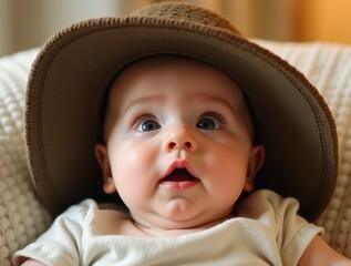 Baby wearing oversized hat looking up in surprise