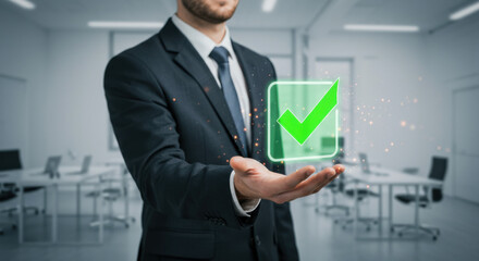 check mark for compliance certification or audit concept with a business man holding a digital hologram of green