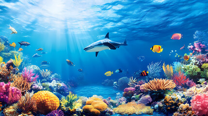Fototapeta premium Underwater scene showcasing a shark swimming amidst vibrant coral reefs and colorful fish in a sunlit ocean