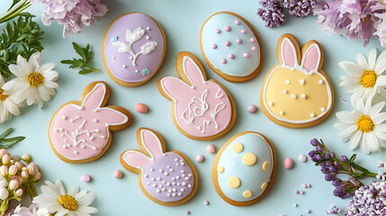 Easter cookies shaped like bunnies and eggs, decorated with pastel-colored icing and sprinkles, arranged on a spring-themed table adorned with festive decorations for a joyful family celebration.