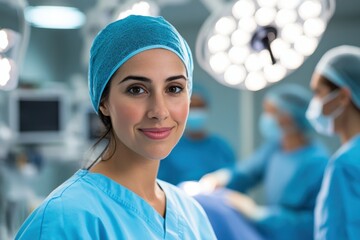 A confident and smiling female surgeon in bright surgical gear stands ready for surgery, showcasing a blend of professionalism, warmth, and dedication in the operating room.