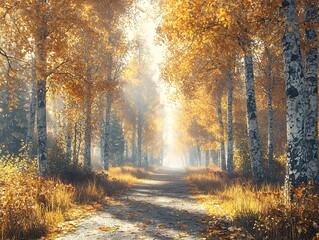 Obraz premium Serene Autumn Forest Bathed in Golden Sunlight and Soft Shadows