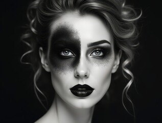 Fototapeta premium Portrait of caucasian model showing creative black and white makeup