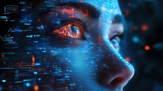 Cybernetic intelligence with floating holographic structures and deep blue glow