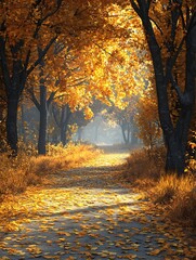 Fototapeta premium Tranquil Autumn Forest with Golden Leaves and Warm Sunlight Filtering Through the Trees